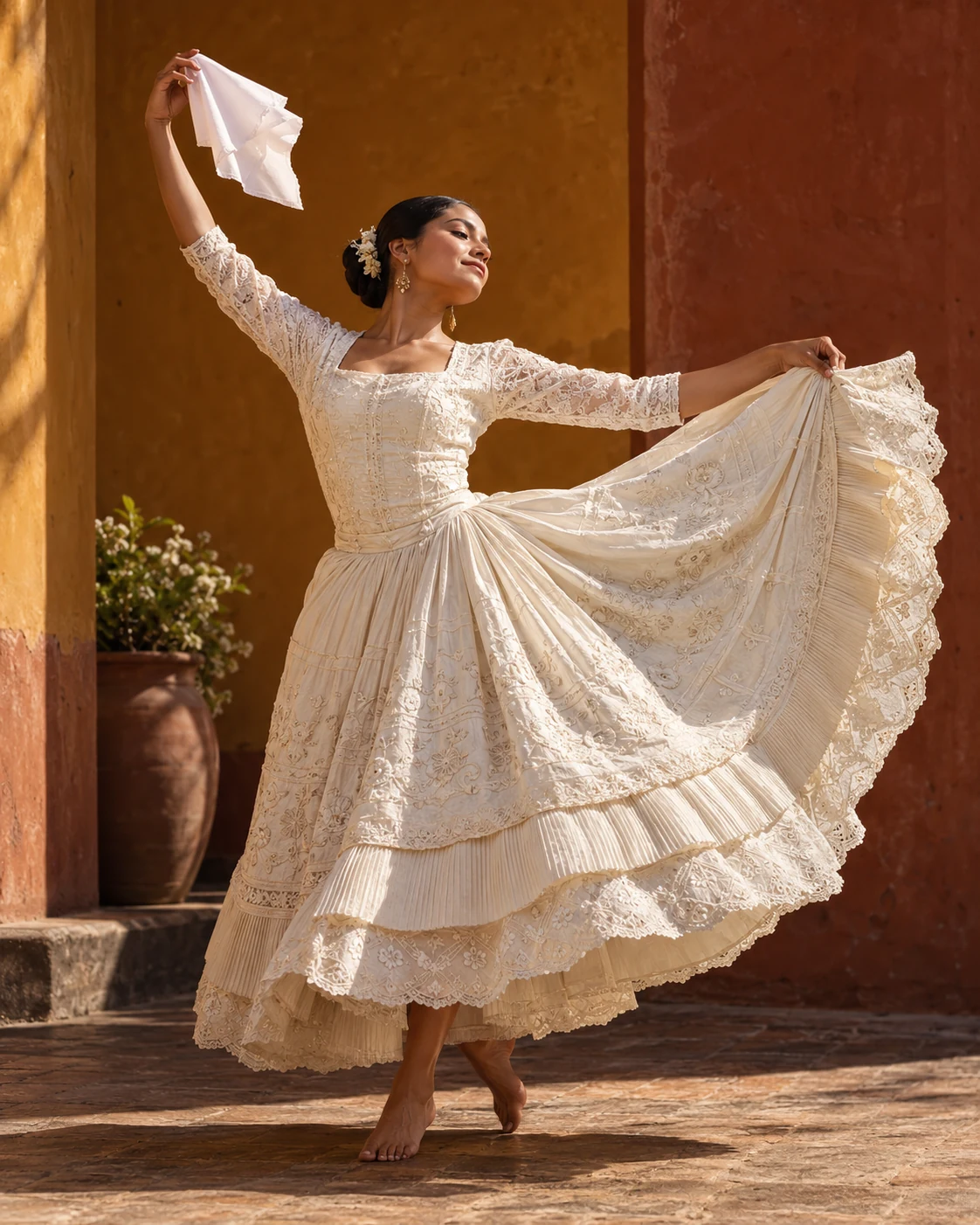 Danseuse de marinera déployant sa jupe de dentelle écrue