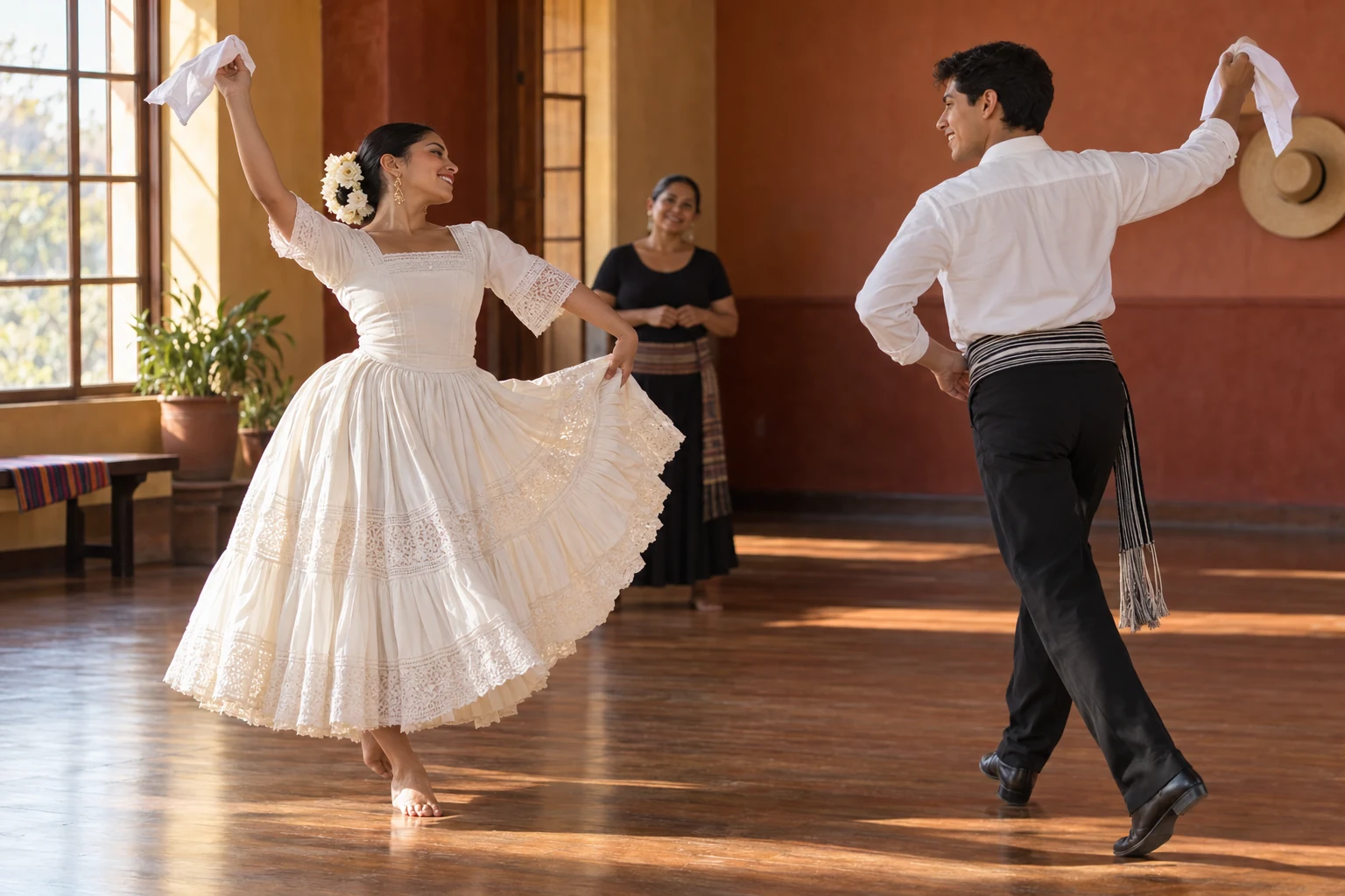 Cours de marinera dans une salle de danse ensoleillée